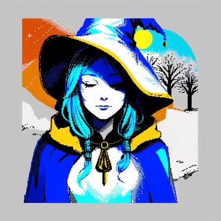 <lora:zxs:1> , zxs, limited palette,  00osamio00, blue hair, blue headwear, blue skin, brown hair, cloak, cracked skin, doll joints, erdtree \(elden ring\), extra arms, extra faces, green cloak, hat, highres, hood, hooded cloak, joints, large hat, long hair, moon, one eye closed, reflection, snow, tree, witch hat, colored skin