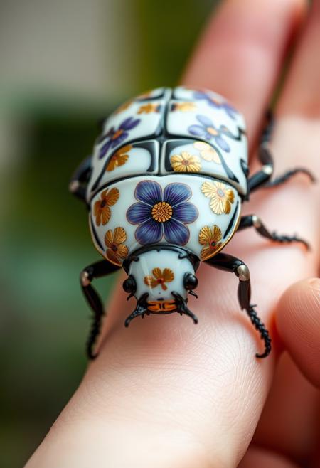 An artistic image focused on the intricate details of the beetle made of glossy chinese porcelain textures with purple and gold flowers patterns.A gentle touch of a human hand holding it. Use soft,natural colors and a shallow depth of field
