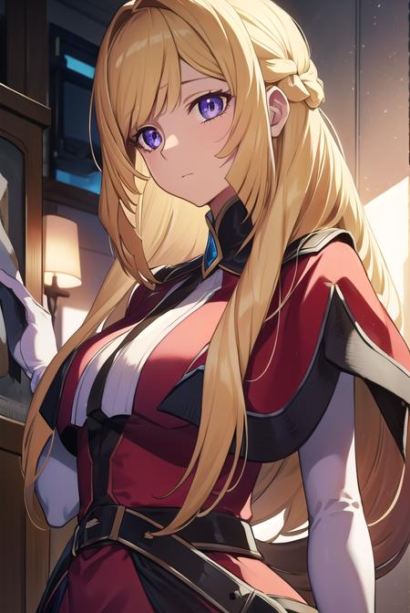 kudeliaainabernstein, <lyco:kudeliaLYCORIStest:1>,
kudelia aina bernstein, (purple eyes:1.1), long hair, blonde hair, bangs, blunt bangs,
BREAK gloves, dress, red dress, white gloves, capelet, gown, red gown, apricot, black apricot,
BREAK looking at viewer,
BREAK indoors,
BREAK <lora:GoodHands-vanilla:1>, (masterpiece:1.2), best quality, high resolution, unity 8k wallpaper, (illustration:0.8), (beautiful detailed eyes:1.6), extremely detailed face, perfect lighting, extremely detailed CG, (perfect hands, perfect anatomy),