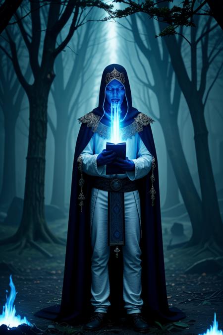<lora:LCM_LoRA_Weights_SD15:1>,<lora:detail_slider_v4:1.2>,(dark lich) with glowing blue eyes, wearing a ghostly white mystical vestments, tattered pants, enchanted shoes, clutching a ancient tome with runic symbols, surrounded by surrounded by a glowing aura, set in ancient ruins, with crumbling stone walls, overgrown vegetation, eerie silence, and an aura of mystery, at twilight,