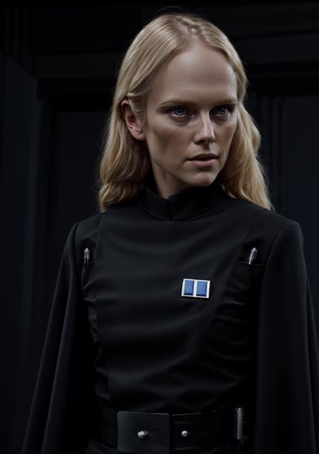 <lora:Ahsveden3:0.8> Gorgeous blonde woman wearing Imperial Officer uniform, (black uniform, cape, no hat, long blonde hair, fair skin, black eyeshadow, slender build, arrogant expression), Star Wars death star setting  <lora:ImpofficerV2:0.75>, (professional photography, RAW photo, best quality, perfect face),  <lora:more_details:0.5>
