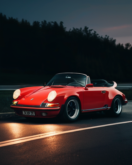 cinematic photo of old porsche, perfect lighting, evening, vibrant, high detailed, epic, aesthetic