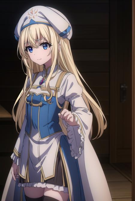 priestess, <lora:priestesss2-lora-nochekaiser:1>, 
priestess, blonde hair, blue eyes, long hair, hair between eyes, (small breast:1.2), smile,
BREAK boots, dress, frilled sleeves, frills, hat, white headwear, pelvic curtain, high heels, robe, thigh boots, thighhighs, white thighhighs, long sleeves, puffy sleeves,
BREAK indoors, church,
BREAK looking at viewer, (cowboy shot:1.5),
BREAK <lyco:GoodHands-beta2:1>, (masterpiece:1.2), best quality, high resolution, unity 8k wallpaper, (illustration:0.8), (beautiful detailed eyes:1.6), extremely detailed face, perfect lighting, extremely detailed CG, (perfect hands, perfect anatomy),