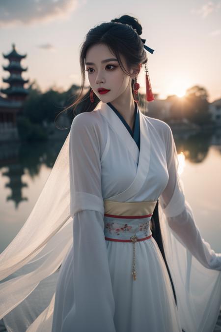 ltra-detailed,highly detailed,best quality,masterpiece,illustration,realistic,photorealistic,
hanfu, 1girl, solo,
chinese clothes,see-through sleeves, obi, hair ribbon, jewelry, earrings, necklace,
makeup,
upper body, looking at viewer,
outdoors,sky, day, cloud, dawn,sun,wind, floating hair, floating clothes,
sunlight, lens flare,
<lora:white hanfu_v1_01:0.7>