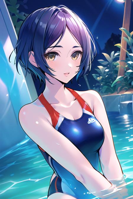 (best quality, high definition, masterpiece:1.2,), Illustration, night, 1girl, upper body, swim suit<lora:HayamiKanadeV2:1>