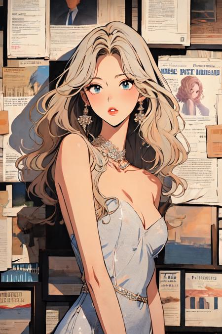 newspaper wall, 1girl,solo, upper body, parted lips,<lora:newspaper_wall:1> An elegant cocktail dress with a sweetheart neckline, lace details, and a pencil skirt, ,light blonde hair