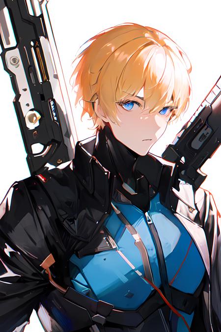 masterpiece, best quality, 1boy, blonde_hair, blue_eyes, breasts, gun, holding, jacket, short_hair, simple_background, solo, upper_body, weapon, white_background