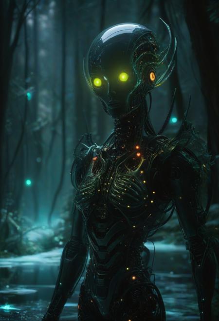 Ultrarealistic. sharp focus, dynamic lighting. play of light, reflection, refraction, Raytracing, Ultra detailed. Alien themed. Alien scenery. alien scenery background. alienworld. A gorgeous female robot in an alien forest. surrounded by ice.enchanting, cosmic, celestial, ethereal, vibrant flora, magical, luminous, serene, dreamy, radiant, bioluminescent, intricate details, surreal, enchanted forest
