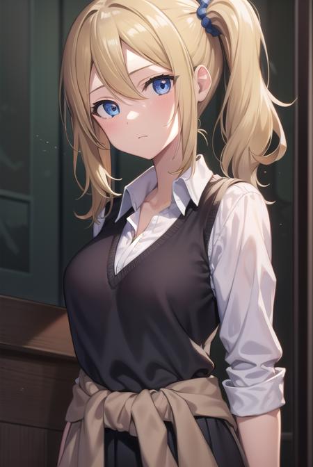 aihayasaka, <lora:aihayasakatest:1>,
ai hayasaka, blonde hair, blue eyes, blue scrunchie, hair between eyes, hair scrunchie, long hair, scrunchie, side ponytail, sidelocks,
BREAK black sweater, blouse, cardigan, cardigan around waist, clothes around waist, collared shirt, dress shirt, long sleeves, school uniform, shirt, shuuchiin academy school uniform, skirt, sweater, white shirt,
BREAK looking at viewer,
BREAK indoors, classroom,
BREAK <lora:GoodHands-vanilla:1>, (masterpiece:1.2), best quality, high resolution, unity 8k wallpaper, (illustration:0.8), (beautiful detailed eyes:1.6), extremely detailed face, perfect lighting, extremely detailed CG, (perfect hands, perfect anatomy),