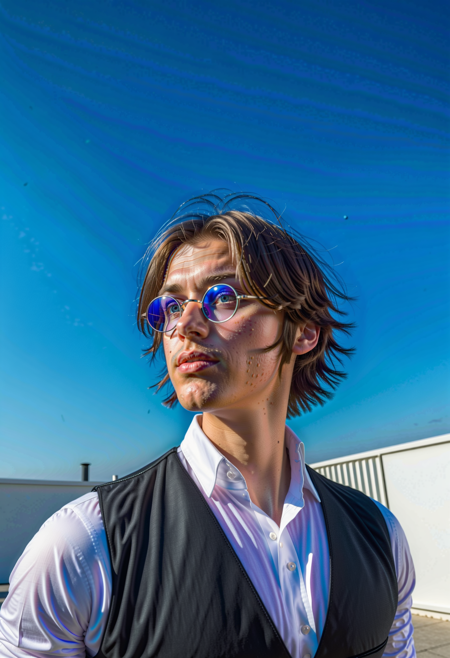 Simon Petrikov, solo, looking at viewer, short hair, brown hair, shirt, black hair, 1boy, white shirt, upper body, male focus, outdoors, parted lips, sky, glasses, day, collared shirt, vest, blue sky, lips, halo, sunglasses, building, black vest, round eyewear, tinted eyewear <lora:SimonSexyMan:0.5>