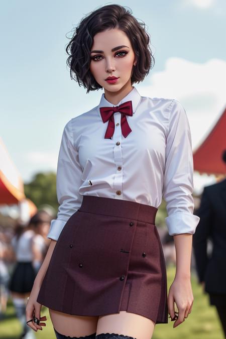 photo of <lora:ellahunt-09:0.7>, ellahunt, ella hunt, a woman, ((short hair)), ((bowtie, shirt, skirt, thighhighs):1.1), ((cowboy shot, waist, hips, thighs):1.2), ((walking, outdoors, festival , carnival)),((red lipstick,eyeliner, eye shadow, blush)), ((best quality, masterpiece, extreme details, high resolution):1.2),((detailed eyes, beautiful eyes, detailed face, beautiful face):1.2)