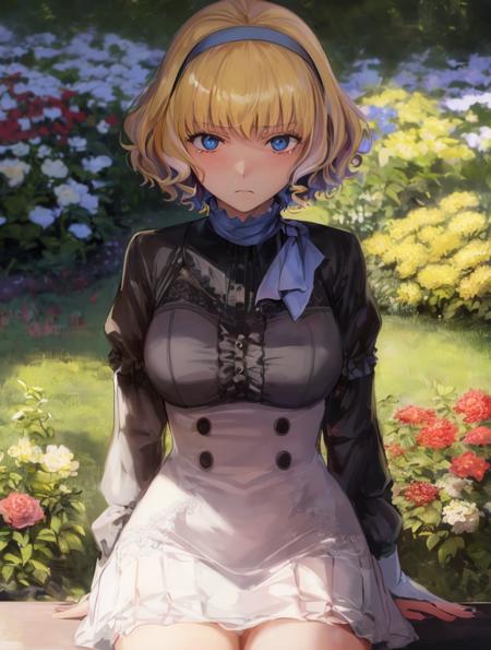 masterpiece, best quality, constance_academy, hairband, uniform, black shirt, garreg mach monastery uniform, white skirt, garden, extremely sad, despair, shadowed eyes, sitting, table<lora:constance-nvwls-v2-000015:1.0>