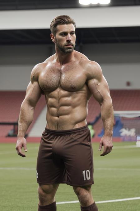 A full body photo of a muscular handsome middle-aged (man) with (((medium-sized light brown hair))), a medium beard, (shirtless:1.4), wearing a soccer uniform on a (((soccer field))), broad shoulders, big biceps, big pecs, (big thighs:1.1), (big bulge:1.3),  (hairy chest:1.1), (hairy legs:1.1), (sweat:1.1), relaxed, (chiseled jawline), detailed eyes, high quality, best quality, intricate, concept art, photorealistic, sharp focus  <lora:more_details:1.0>