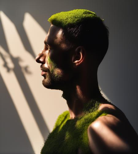 a man with moss,  shadow and light,  realistic photo, professional photo <lyco:SDXL_Grass_on_body_Test_Sa_May:1.0>