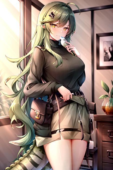 masterpiece, best quality, ultra-detailed, gavial, green hair, long hair, bangs, indoors, sweater, <lora:Gavial:0.8>