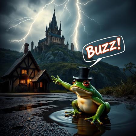 A Frog in the foreground, wearing a Top Hat, sits in a puddle by a medieval Inn pointing to a spooky castle, illuminated by dramatic lightning, on top of a craggy hill.  The frog has a scared look on his face Stormy night.  Giant bolt of lightning striking the tallest tower. The frog is Yelling in electric static letters  and speech bubble "Buzz!"
Masterpiece quality. Photo-realistic. vignette, highly detailed, high budget,, 4k resolution, hyperrealistic rendering, spooky atmosphere