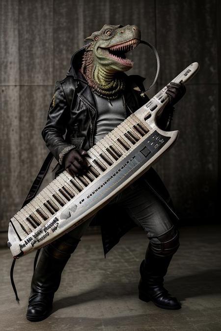 ((masterpiece, best quality)), high resolution, 32k picture, realistic,    zzTrex, solo, therapod, open mouth, yellow eyes, black background, scales, kaijuu, <lora:Trex_Dinosaur_XL:0.7> st_monsters, playing keytar, keytar