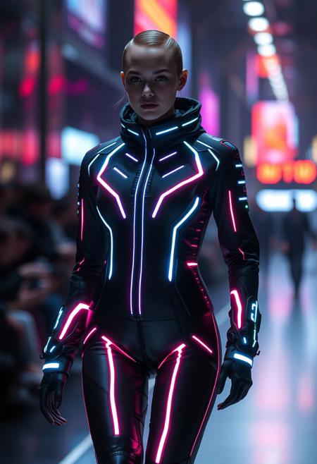futuristic LED-infused clothing, high-tech fashion, glowing patterns, (neon lights:1.2), fiber-optic fabric, ultra-modern design, (sharp focus), high-definition, luminous accents, (muted colors:-1), sleek minimalism, illuminated textures, glowing seams, cyberpunk aesthetics, techwear, smooth transitions between light and fabric, (lowres:-1), cutting-edge fashion, glowing stripes, dynamic lighting, fashion runway, glowing accessories, radiant details, bold yet subtle, wearable technology, soft LED glows, form-fitting silhouettes, (bad anatomy:-1.4), (good anatomy:1.4), smooth skin, chic and modern, glossy surfaces, high-contrast lighting, ultra-realistic textures, night city backdrop, high-resolution, (overexposed:-1), tech chic, surreal light effects, energy-infused materials, futuristic elegance, illuminated with precision, smart fabric integration, glowing threads, sleek contours