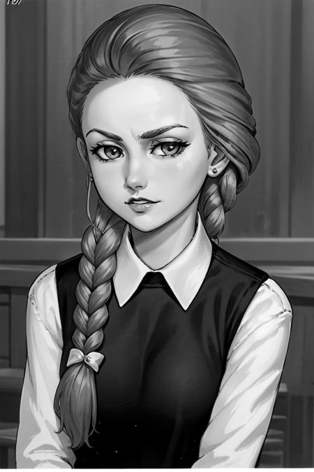 masterpiece, best quality, suchka, 1girl, solo, long hair, looking at viewer, hair ornament, monochrome, ((single braid)), greyscale, <lora:suchka:0.55>
(1980s \(style\):1.2), 1girl,