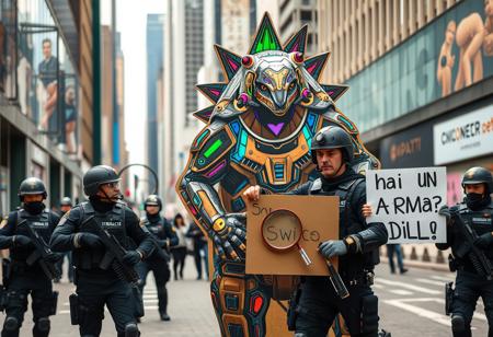 In a bustling city street, a large, highly detailed cardboard cutout of a futuristic, high-tech “armadillo” stands proudly. This imaginative creation features vibrant colors, intricate designs, and advanced-looking holographic effects, making it look surprisingly sophisticated for its medium.
In front of this whimsical spectacle, a well-equipped SWAT team, dressed in full tactical gear, is engaged in a heated discussion. One member of the team, holding a comically oversized magnifying glass, scrutinizes the armadillo with a puzzled expression. Another team member, with a stern face, holds up a sign that reads: “hai un Arma? Dillo!”