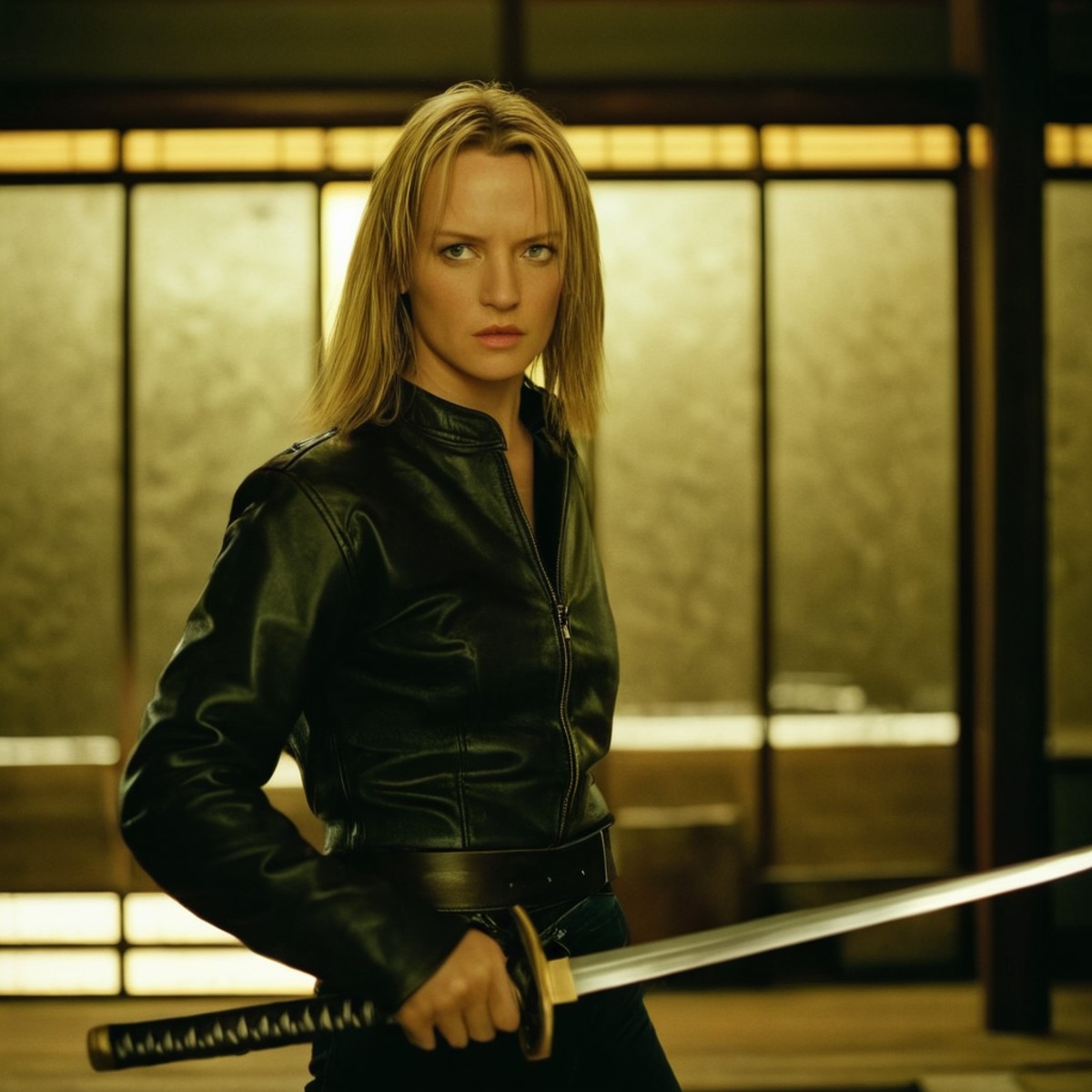 cinematic film still of  <lora:Kill Bill style:1>
Cinematic film image of The Blonde a woman in a leather jacket holding a...