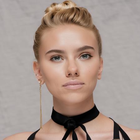 High quality portrait photo of a beautiful young woman (wearing lipgloss) and wearing a black thin choker, she has long blonde hair that is tied up in a messy bun, Nikon Z9, skin texture visible, (sharp focus), (high quality), facing forward