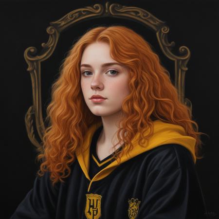 ("Hufflepuff" crest: 1.4) <lora:Harrlogos_v2.0:1>, (oil painting) portrait of a relaxed teenager with curly orange hair in the Harry Potter universe, he is wearing a black and yellow cloak, relaxed personality, sharp image, black background, Hufflepuff, female character, Hogwarts castle, long hair