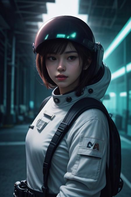 1girl, on an airfield, futuristic astronaut, bulky body armor, hkstyle, full power armor, CHONK, large backpack, (open visor:1.4), (visible face:1.4), waving, neon green accessories, professional illustration, extreme detail, angular brush, iridescent,