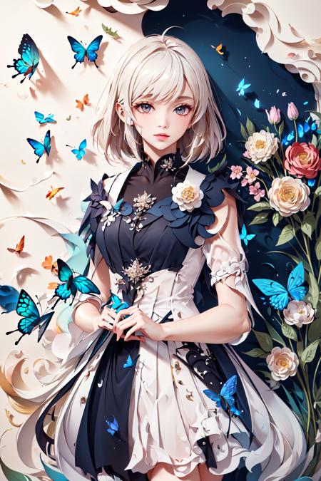 (masterpiece, incredibly absurdres, highres, top quality, best quality, official art, beautiful and aesthetic:1.2), visually stunning, gorgeous, evocative, (1girl:1.2),  extremely detailed,(abstract art:1.4), (colorful butterflies:1.2, flowers:1.2), (look at the viewer:1.2), (cowboy shot:1.2), Softlight,(warm color:1.2),Water color painting,light background,best quality exquisite details,3d rendering,Octane render,pastel, (paper_cut:1.15),<lora:KK_paperCut_v1:0.8>