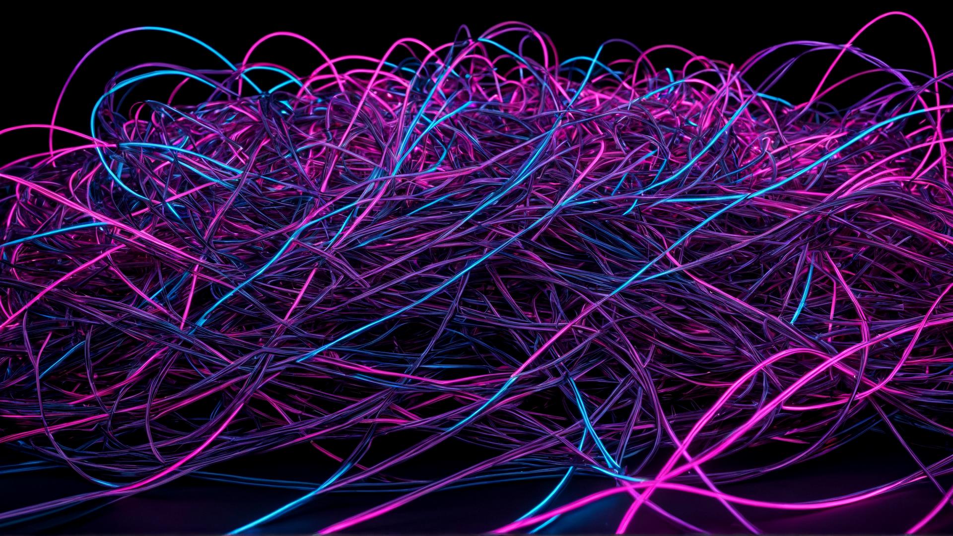 A tangle of neon wires, all flowing in one direction, pulsing with light. The wires cross over each other at random intervals, forming intricate knots and loops. The colors shift between bright pinks, electric blues, and deep purples against a black background., Photorealistic, Hyperrealistic, Hyperdetailed, analog style, soft lighting, subsurface scattering, realistic, heavy shadow, masterpiece, best quality, ultra realistic, 8k, golden ratio, Intricate, High Detail, film photography, soft focus