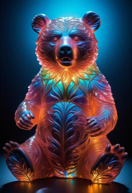 
A hyper-realistic digital artwork of a delicate and transparent vermilion crystal glass sculpture of a baby bear filled with bioluminescent flowers, artistic, sparkling dynamic colors, glitter, luminous opalescent, insanely detailed beautiful bear crystallized, meticulously detailed filigree bear, hypermaximalist bioluminescent glowing bear, shimmering, sparkling, extreme contrast and saturation, underwater particles, magical fantasy artwork, ultra high quality, embedding:advntr zavy-cnmtc zavy-rmlght low-key<lora:Image Upgrader-v0.1>