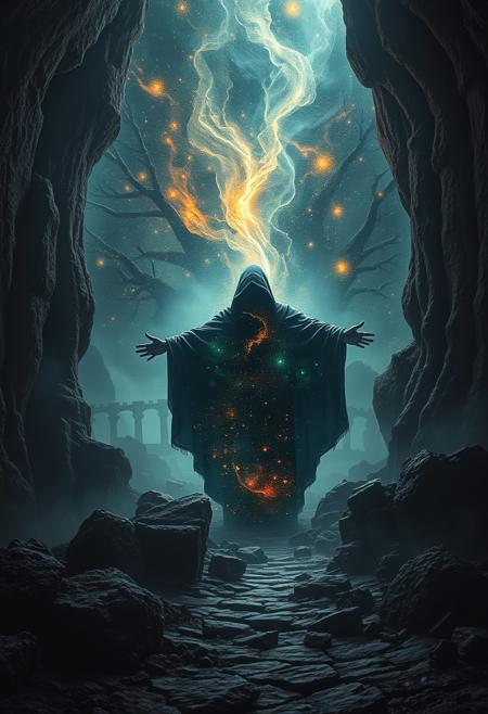 A universe inside a dark cloaked figure within mysterious landscape in an unfathomable realm of fantastic creation inhabited by ancient shadows of a forgotten time beyond the gate of the gateless gate where life is limitless, light is shadow and shadow is light, eerie sense, horror, spark of the beginning, existence and nonexistence at once, ethereal, outstretched arms, behold the end of the beginning, inglorious glory to the dark one, betrayal of the ancient order, beware the 7headed beast, destroyer of the old ways, bearer of the unbearable, nightmarish, archaic runes, tree aging backwards, breath of the gods, ruins of a place unimagined, extreme intricate detail, photorealistic, beyond epic scene, fate discarded, unseeable face of god, the end is the beginning, the beginning is the end, man arises as god dies