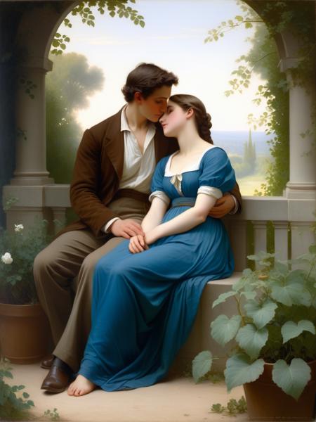 <lora:05ClassicalArt_Hap_XL:1>, William-Adolphe Bouguereau style, oil painting, couple, man, woman, garden, greenery, romantic, seated, blue dress, brown suit, affection, intimacy, romanticism oil painting, soft light, serene, summer, 19th century, outdoor, French, natural setting, lush foliage, tender, classic art,