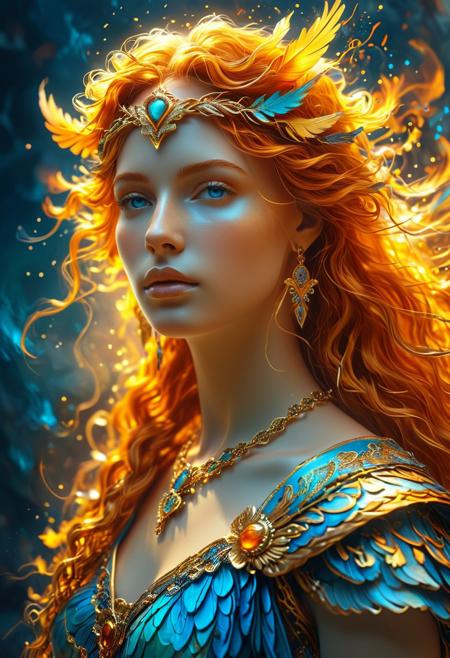Behold the captivating portrait of Justicia, an orange-haired Roman Goddess of Justice, portrayed in a Pre-Raphaelite time-lapse, with abstract cyber graffiti elements and a mystical aura. This high-resolution, detailed portrait showcases the Midjourney style, featuring an ethereal atmosphere, flowing locks, captivating eyes, and a cosmic, divine presence.
The image boasts vibrant colors, soft lighting, and a professional touch, displaying a digital painting that exudes an enchanting presence and a dreamy, fantasy-like quality. The subject's mesmerizing gaze, detailed and intricate hair, and divine radiance are accentuated by the professional lighting and hyper-realistic 4k 3D rendering.
This portrait embodies a mythical goddess with radiant lighting, scales, a sword, and a blindfold, reminiscent of a phoenix rising from the ashes. The entire composition is elegant, ethereal, and mystical, capturing the essence of a magnificent, radiant, and enchanting female figure.