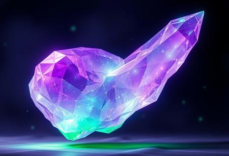 A purple green magical crystal floating in the air, the galaxy is refracting within the crystal, magic glow, purple glow, green glow, illuminated, masterpiece, highly detailed, graphic,