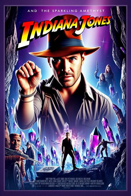 cinematic movie poster, title "Indiana Jones and the sparkling amethyst crystals" 