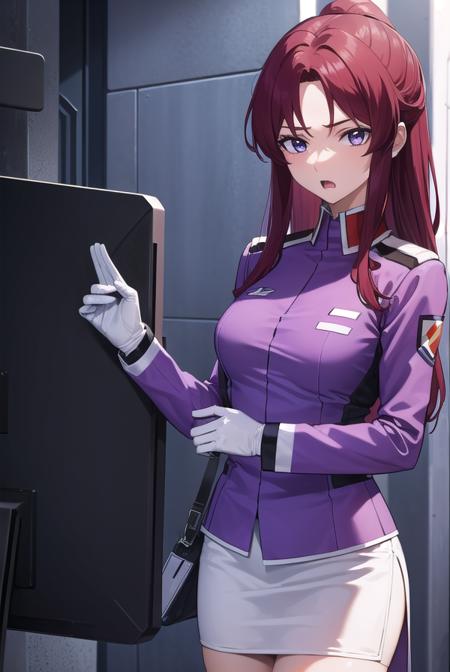 flay allster, long hair, (purple eyes:1.1), red hair, medium hair, (parted bangs:1.5), ponytail, skirt, gloves, jacket, white gloves, black skirt, uniform, military, military uniform, side slit, pencil skirt,