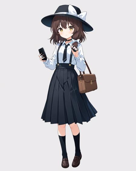 usami renko,1girl, solo, simple_background, white_background, black_skirt, ring, black_socks, holding_phone, black_headwear, long_sleeves, suspender_skirt, white_shirt, black_necktie, slit_pupils, black_footwear, closed_mouth, hat_bow, bag, smartphone, nail_polish, shoes, black_nails, white_bow, watch, fingernails, wing_collar, collared_shirt, pleated_skirt, looking_at_viewer, black_ribbon, full_body, choker, fedora
<lora:usami_renko_image1360_2023-12-20-000010:1>,star-shaped_pupils,symbol-shaped_pupils,. gorgeous,key visual, vibrant, studio anime,award-winning, professional, highly detailed,high budget, cinemascope