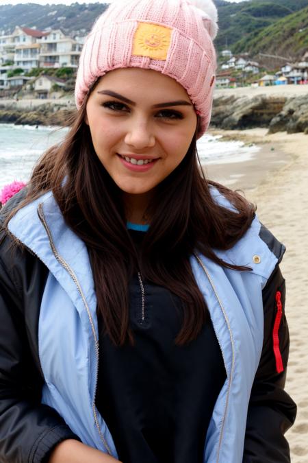 1girl, ValentinaNappi, brown eyes, brown hair, upper body shot, (puff jacket), (closed jacket), bobble hat, smile, <lora:Nappi:0.8>, beach, sun