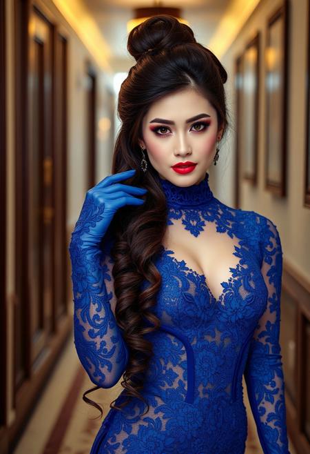 a gorgeous 30 years old asian woman, pale skin, very long brown hair in updo with curls hanging down, long black eyelashes, black mascara, black eyeliner, big brown eyes, red sparkling smokey eyes eyeshadow, luscious sensual pink glossy lips, rouge, sexy elegant curves, blue elegant lace choker, long blue lace gloves, long blue lace dress with cleavage and side slit, blue stockings, looking at viewer sensually and dominantly, Oriental hallway