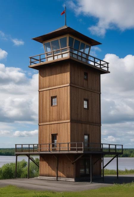 watchtower which is an aerial surveillance structure built between 1940 and 1942. the wooden building has an asphalt shingle cladding comprising a four-story square tower topped with a terrace and metal guardrail. Add three rectangular annexes to the building. Cululus river and clouds background