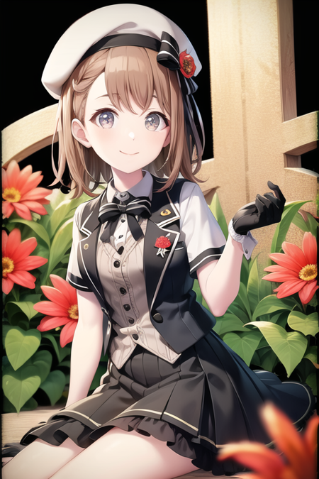 <lora:HanasatoMinori-10:0.7> , best quality,best aesthetic, high quality, absurdres, masterpiece, ultra-detailed, minori, minori, 1girl, solo, looking at viewer, smile, short hair, simple background, brown hair, shirt, gloves, hat, ribbon, holding, sitting, closed mouth, white shirt, flower, short sleeves, black gloves, striped, collared shirt, vest, grey eyes, black headwear, neck ribbon, buttons, beret, black background, red flower, armband, black vest, holding flower