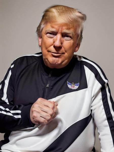 Trump768 , overweight, Sporty tracksuit with bold stripes and pop-color accents, detailed eyes, photography, ultra-sharpness, highest quality, art of Anya Millen, smooth, clear focus, trend on artforum, behance hd, muted colors    <lora:Trump768:0.7>