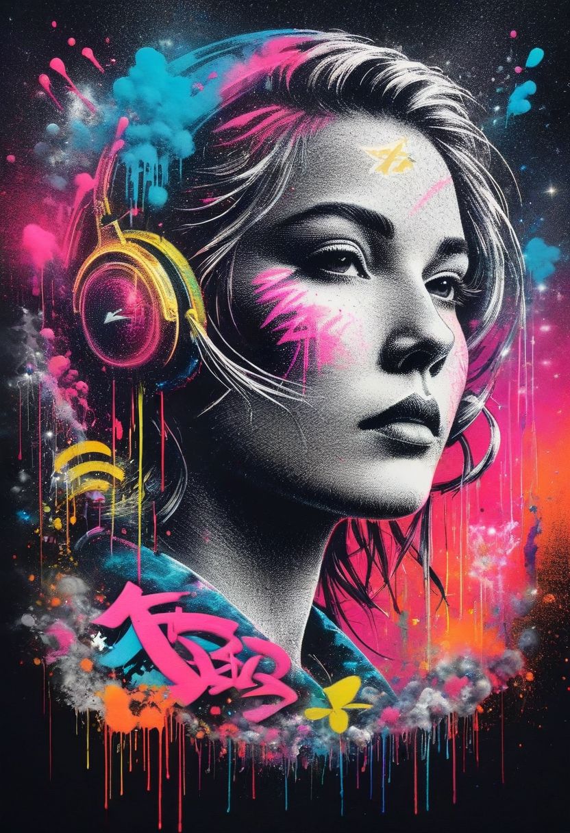 A color poster of a graffiti wall with spray tint on her head, macintosh plus, (risograph:1.3), inspired by Jess Mari Lazkano, miraculous, flat linework, stamp, (triadic colors:1.2), ancient era, japanese vhs cover art, macpaint, by Moebius, phonk album cover, LSD Dream Emulator ps1, blank, bank, ink art, megalithic, mac, cover, inspired by Retro-Futurism aesthetic, real_booster,comic book