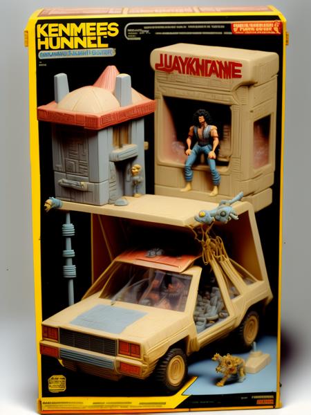 <lora:1987ActionFigurePlaysetPackaging:1>1986 Kenner playset and packaging from Los Angeles junkie homeless and poverty crime action figure line based on living out of a broken down car in 1970s Los Angeles