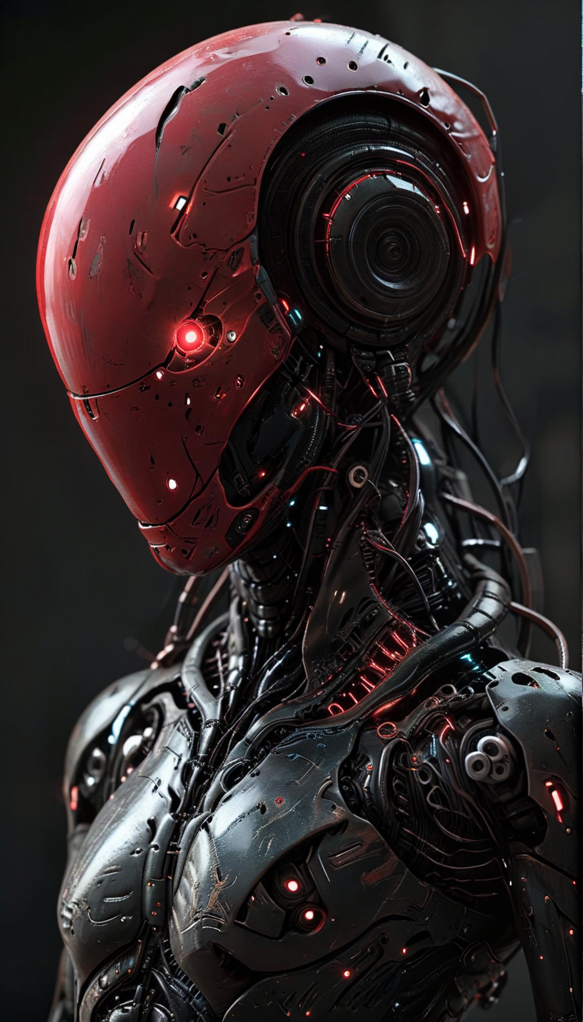 Robotic Head with Red Skin and Multiple Wires and Circuits.