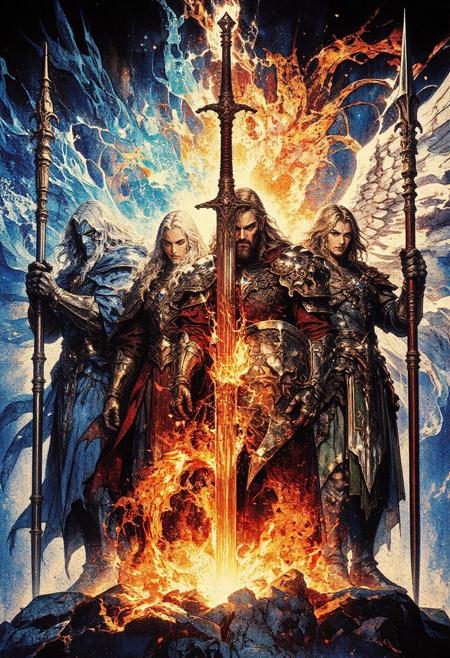 Cinematic photography, Four elemental guardians, diverse and striking features, each representing water, fire, earth, and wind, adorned in intricately detailed armor reflecting their element—flowing blue robes with shimmering droplets, blazing red and gold armor with flickering embers, rugged brown and green plating with stone textures, and ethereal silver garments with swirling patterns, commanding and harmonious presence, each wielding elemental weapons: a staff of cascading water, a sword of living fire, a shield of sculpted earth, and a spear of whirling wind, dynamic and united stance, full-body group shot, low-angle, standing at the luminous Elemental Nexus with swirling energies of all four elements converging, epic and awe-inspiring mood, dramatic lighting with highlights from elemental glows, vibrant color palette blending blues, reds, greens, and silvers, Canon EOS 5D Mark IV, in the style of high-fantasy cinematic film stills.