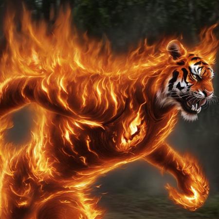 (full_bodyt:1.4), flmngprsn flaming burning orange_tiger, roaring, attacking, running_from_side, ultra_realistic, ultra_detailed, looking_at_side, facing_side, background_burning_forest  <lora:flmngprsn:1.0>