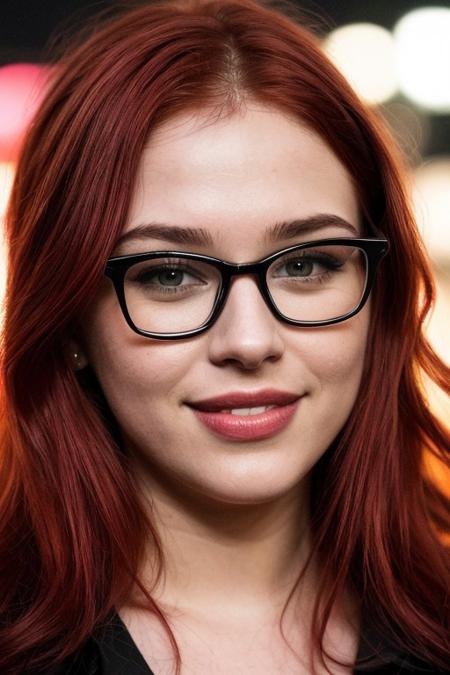 score_9, score_8_up, score_7_up, score_6_up, beautiful 19 year old girl, red hair, black thick frame glasses, neon lights, nighttime, dusk, smiling, ultra realistic, big lips, (masterpiece, best quality, highres:1.2), (photorealistic:1.2),