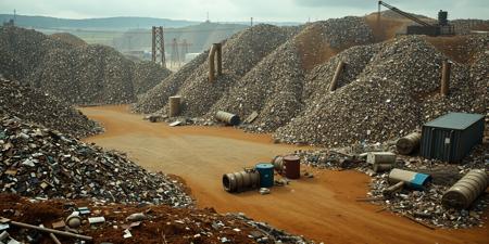 an abandoned garabage dump, large piles of trash and refuse can be seen extending as far as the eye can see, the scene is a photo realistic, large pieces of industrial machinery and shipping containers and industrial liquid storage vats can be seen amongst the mounds. The style is post apocalyptic